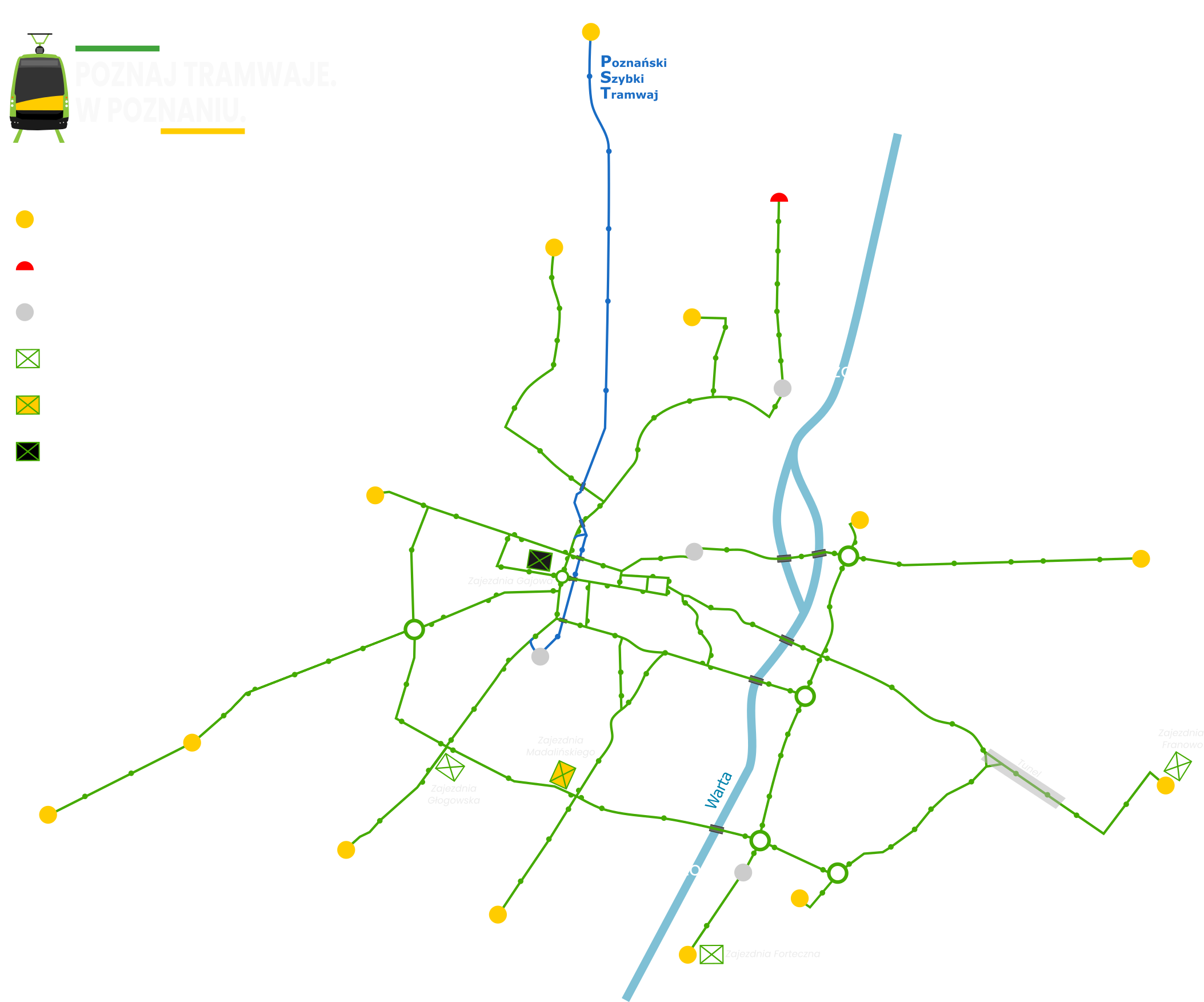 Schemat aktualnej sieci linii tramwajowych w Poznaniu.